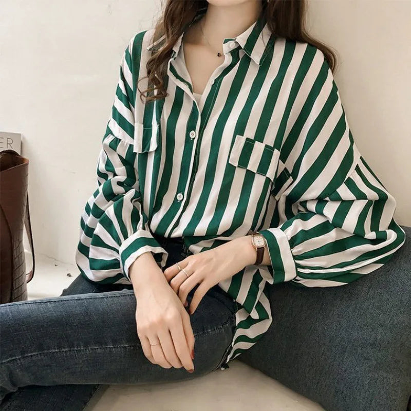 1pcs Woman Spring Autumn Stripe Shirts Lady Casual Long Sleeve Turn-down Collar Loose Shirt Female Chiffon Temperament Tops