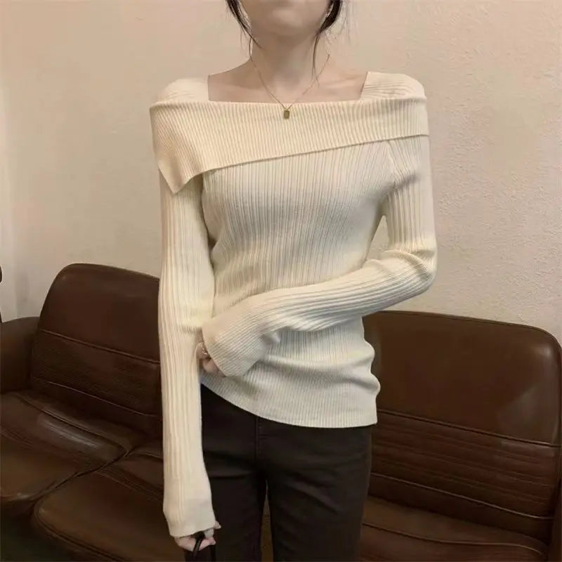 Solide Sexy Schlank Off Schulter Slash Neck Langarm Stricken Pullover Frauen Jumper Büro Mode Neue