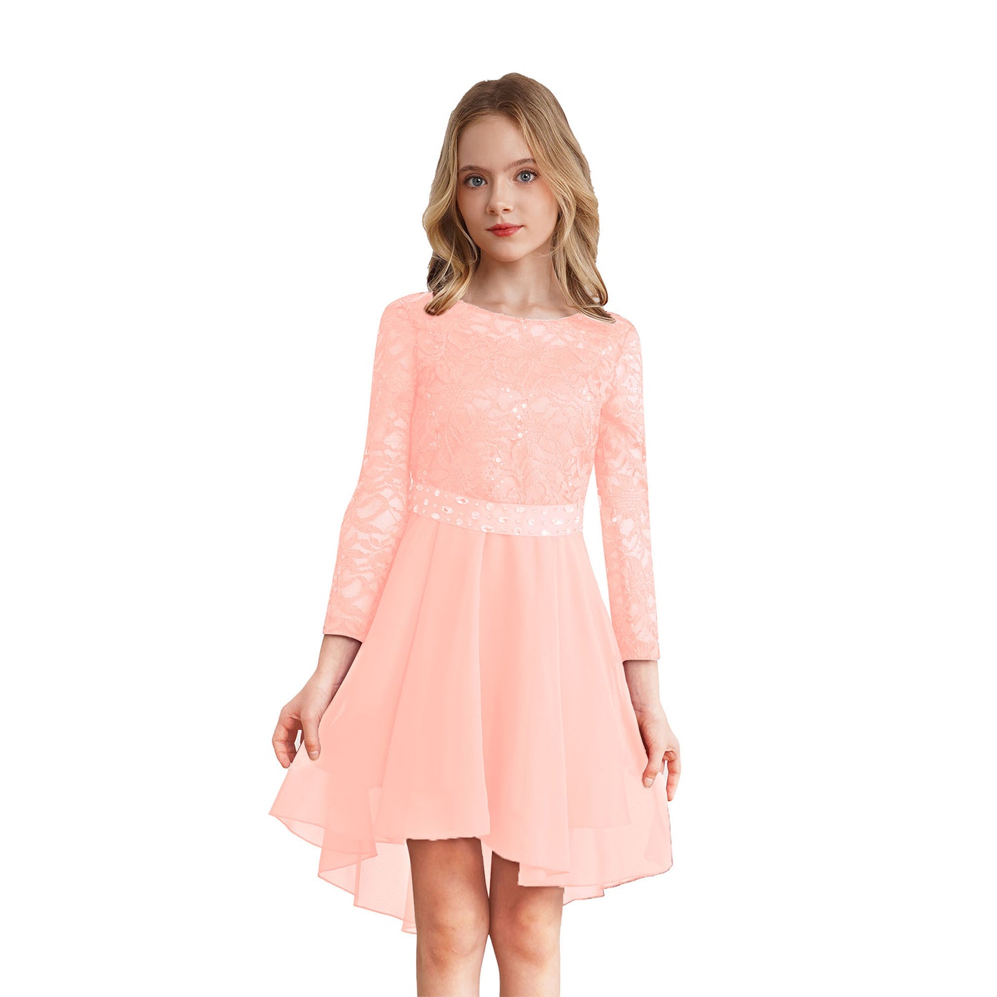 Elegantes Spitzen-Partykleid für Kinder, Mädchen, Chiffon, Spleißen, langärmelig, Kleid mit hohem und niedrigem Saum und Strass-Schärpe für Hochzeit, Geburtstag
