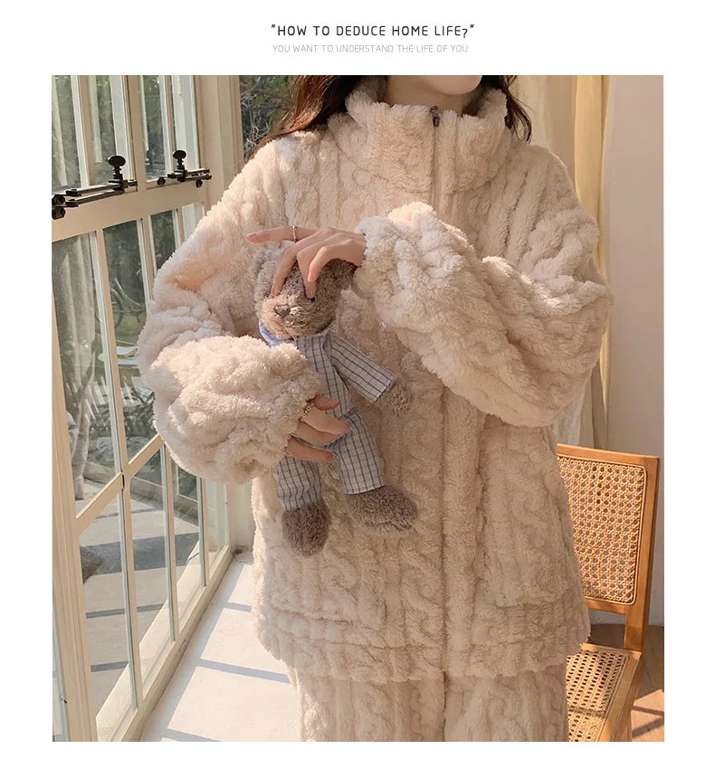 Große Größe Flanell Pyjama Set Herbst Winter Weibliche Nachtwäsche Hosen Anzug Verdicken Korallen Fleece Hohe Kragen Lounge Tragen Homewear