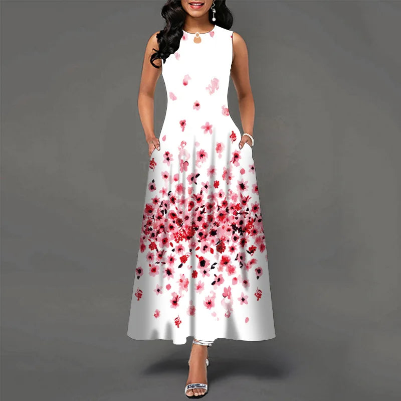 Blumendruck Neues lässiges ärmelloses langes Kleid Damen V-Ausschnitt bedrucktes Kleid Swing Bohemian Retro Kleider
