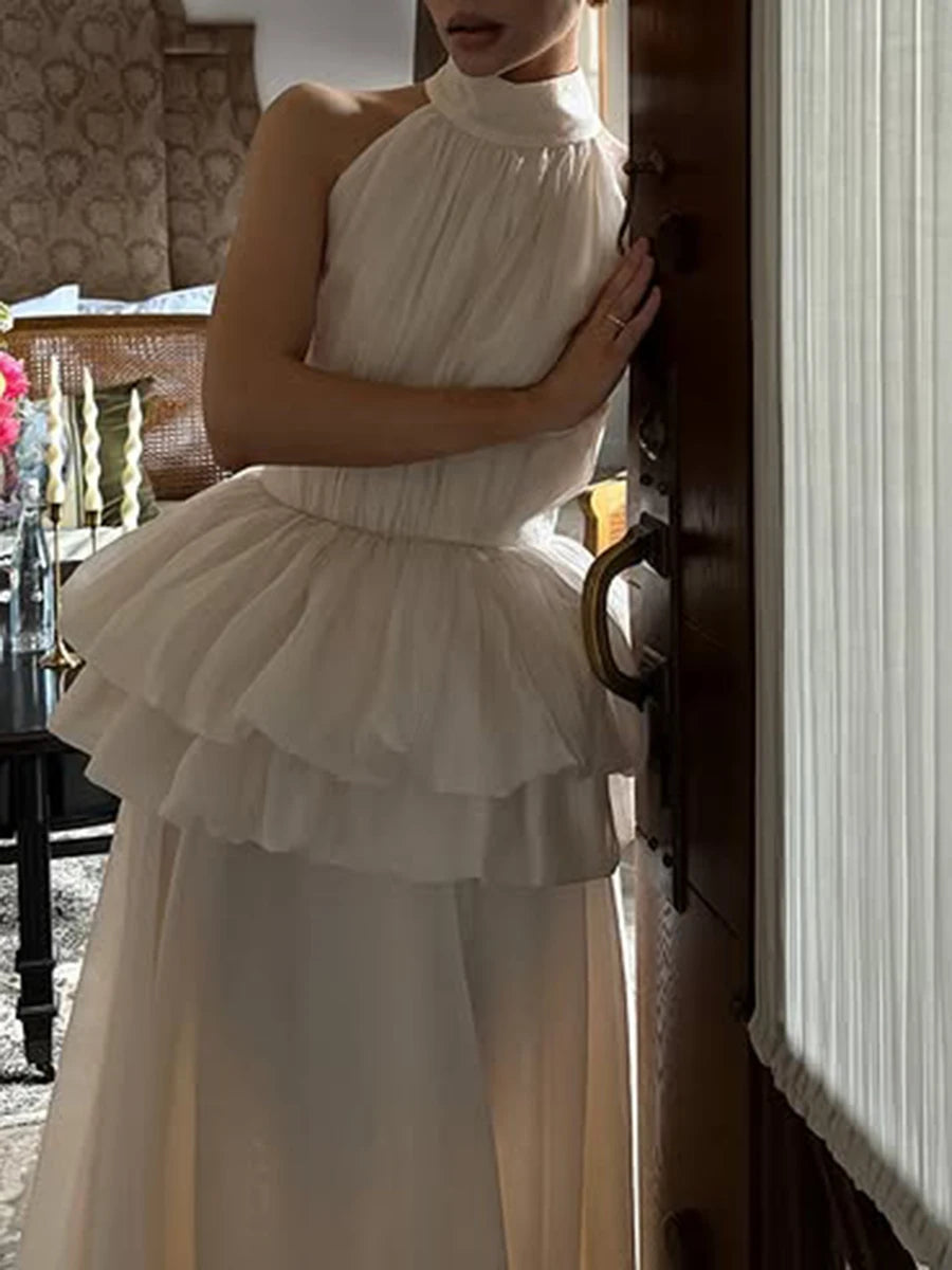 VGH Solide Abend Gespleißt Rüschen Maxi Kleider für Frauen High Neck Ärmellose Tunika Temperament Zeremonie Kleid Weibliche Kleidung
