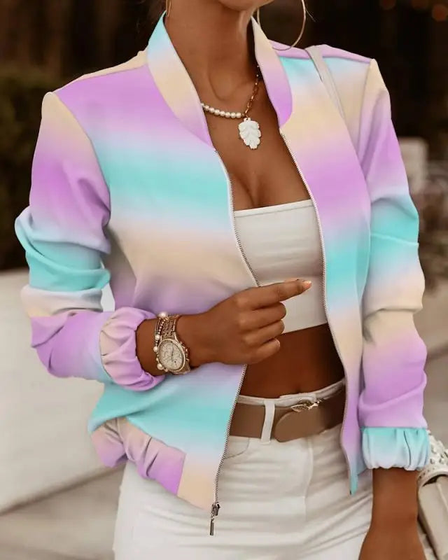 Mode Frauen Jacken Dünne Kurze Mäntel Herbst Vintage Print Lange Sleeve Zipper Dünne Jacke 2024 Casual Oberbekleidung Weibliche Jacke