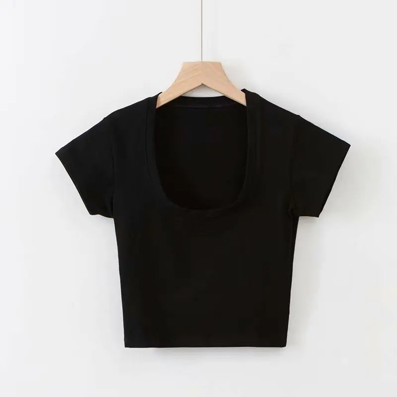 U-Ausschnitt Crop Top Einfarbig Frauen Casual Hohe Taille T Shirt Grundlegende Sexy Streetwear Kurzarm Abnehmen