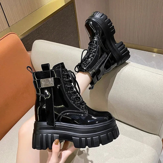 Women's High Platform Motorcycles Boots Winter 10CM Wedge Heels Warm Ankle Boots Chunky Sneakers New Autumn Leather Shoes Woman.
