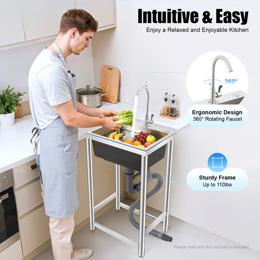 Stainless Steel Utility Sink Single Bowl 110 Lbs Free Standing Kitchen Sink with 360 ° Rotatable Faucet for Kitchens Bathrooms