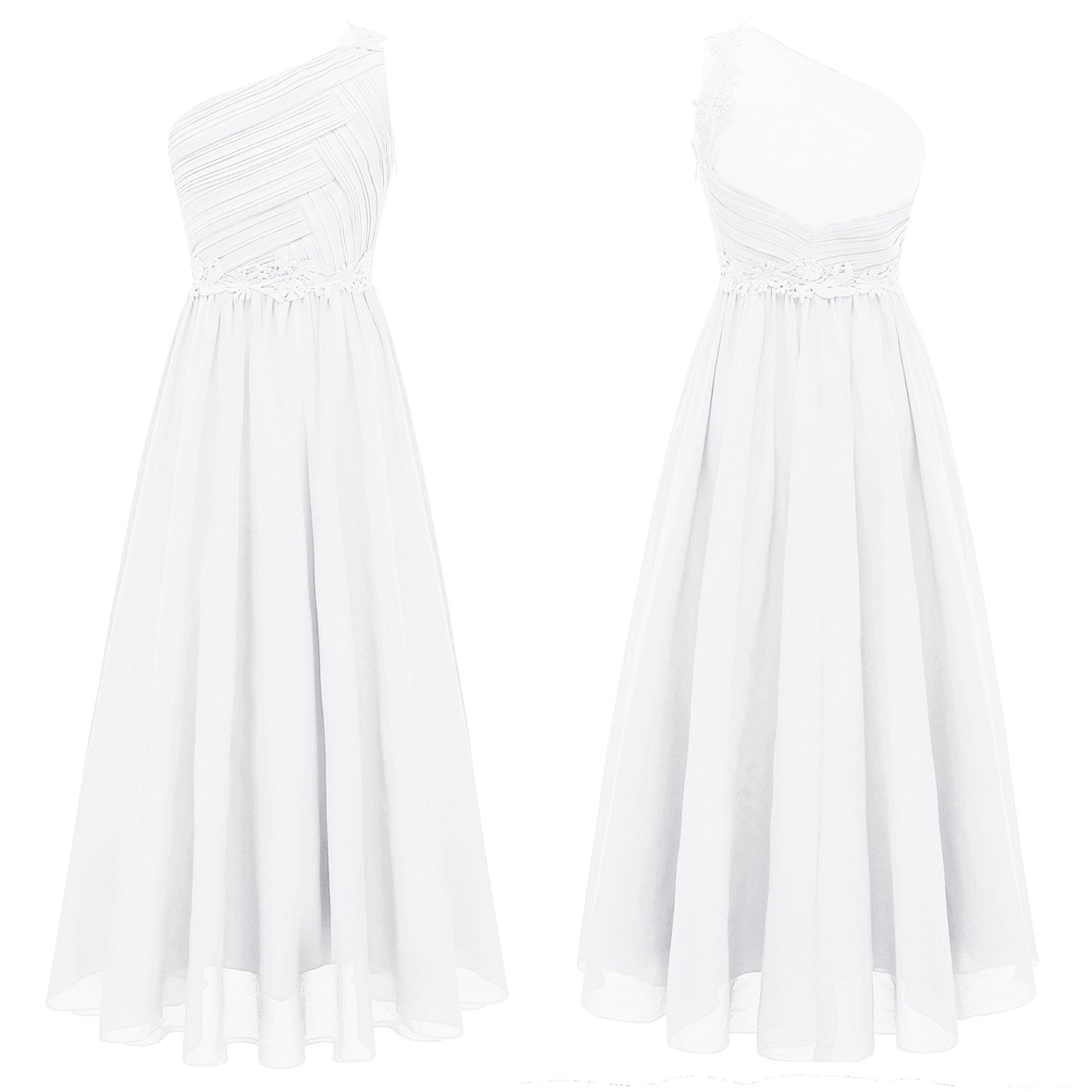 Mädchen Hochzeit Brautjungfer Kleid One Shoulder Elegante Guipure-Spitze Geraffte Chiffon Maxi Party Kleider Geburtstag Abend Abendkleid