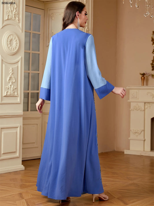 Siskakia Ramadan Dubai Woman’s Abayas Embroidered Sequin Floral Patter V-Neck Elegant Casual Kebaya Muslim Moroccan Long Dress.