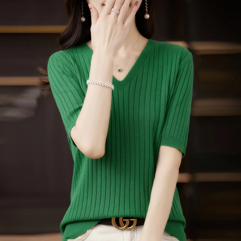 Frauen Pullover Frühling Sommer Kurzarm V-ausschnitt Strick Hemd Casual Koreanische Pullover Streifen Bodenbildung Shirt Slim Fit Jumper