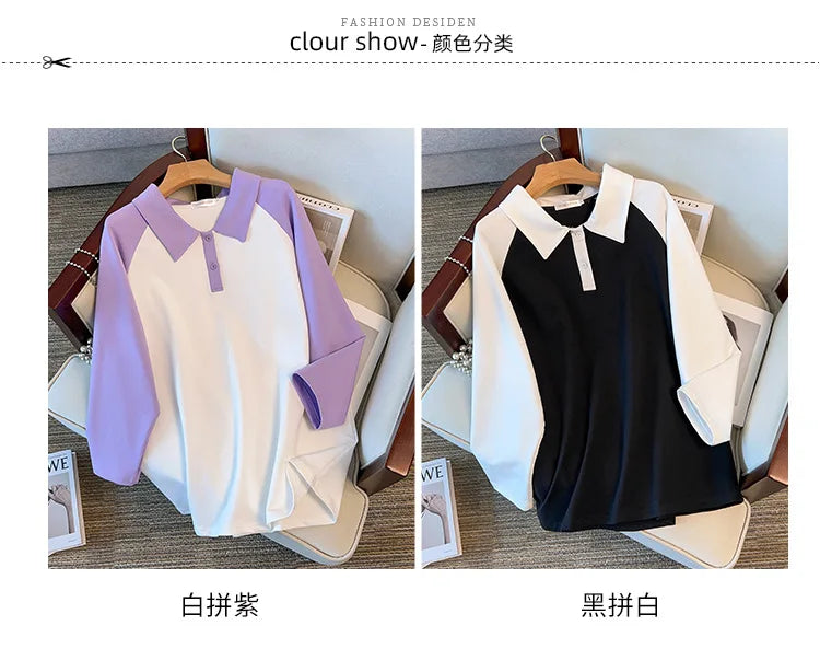 170kg plus size Damen büste Frühling Herbst loser Polo kragen kontrastieren des Sweatshirt schwarz lila 4xl 5xl 6xl 7xl 8xl 9xl