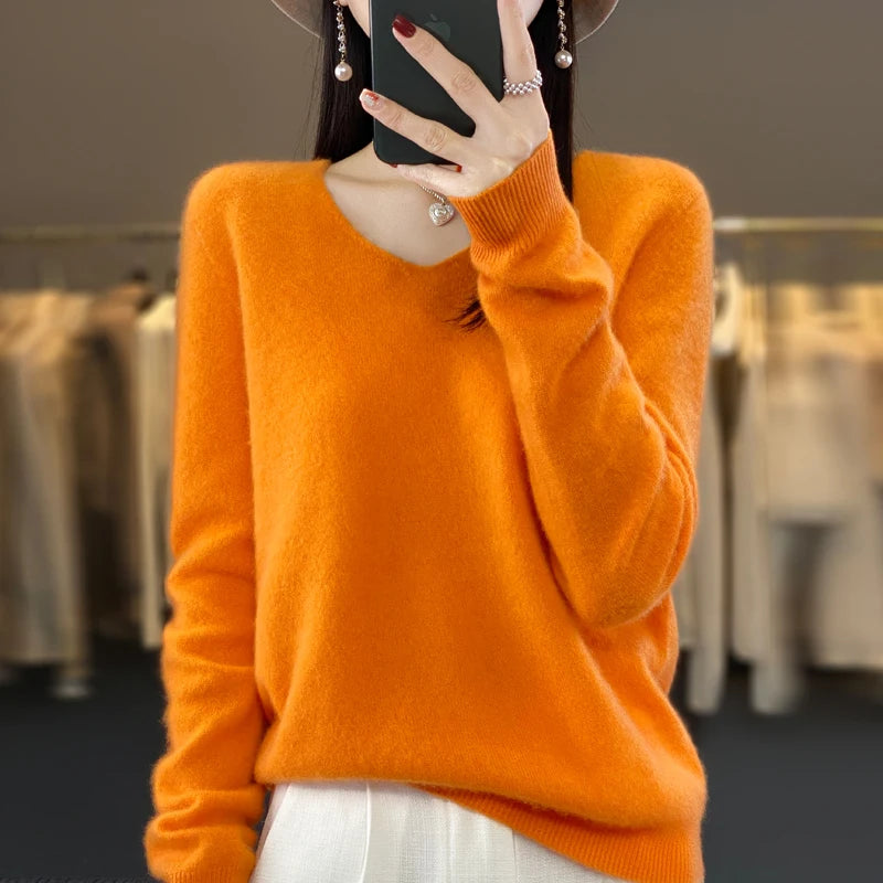 2024 100% Merino Reine Wolle V-ausschnitt Herbst Und Winter Pullover Pullover Neue Kaschmir Pullover frauen Beiläufige Gestrickte Top DMR201