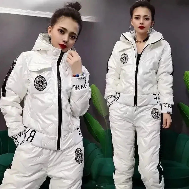 Mode Winter Glänzend Parkas Frauen Anzug Übergroßen Zwei Stück Set Casual Mit Kapuze Baumwolle Gepolsterte Kurzen Mantel + Verdicken Warme Hose Sets