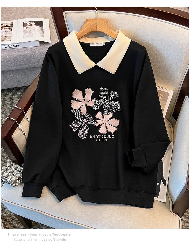 170 kg Plus Size Damen-Büste 170 Frühling Herbst Loose Diamond Collared Sweatshirt Schwarz 4XL 5XL 6XL 7XL 8XL 9XL