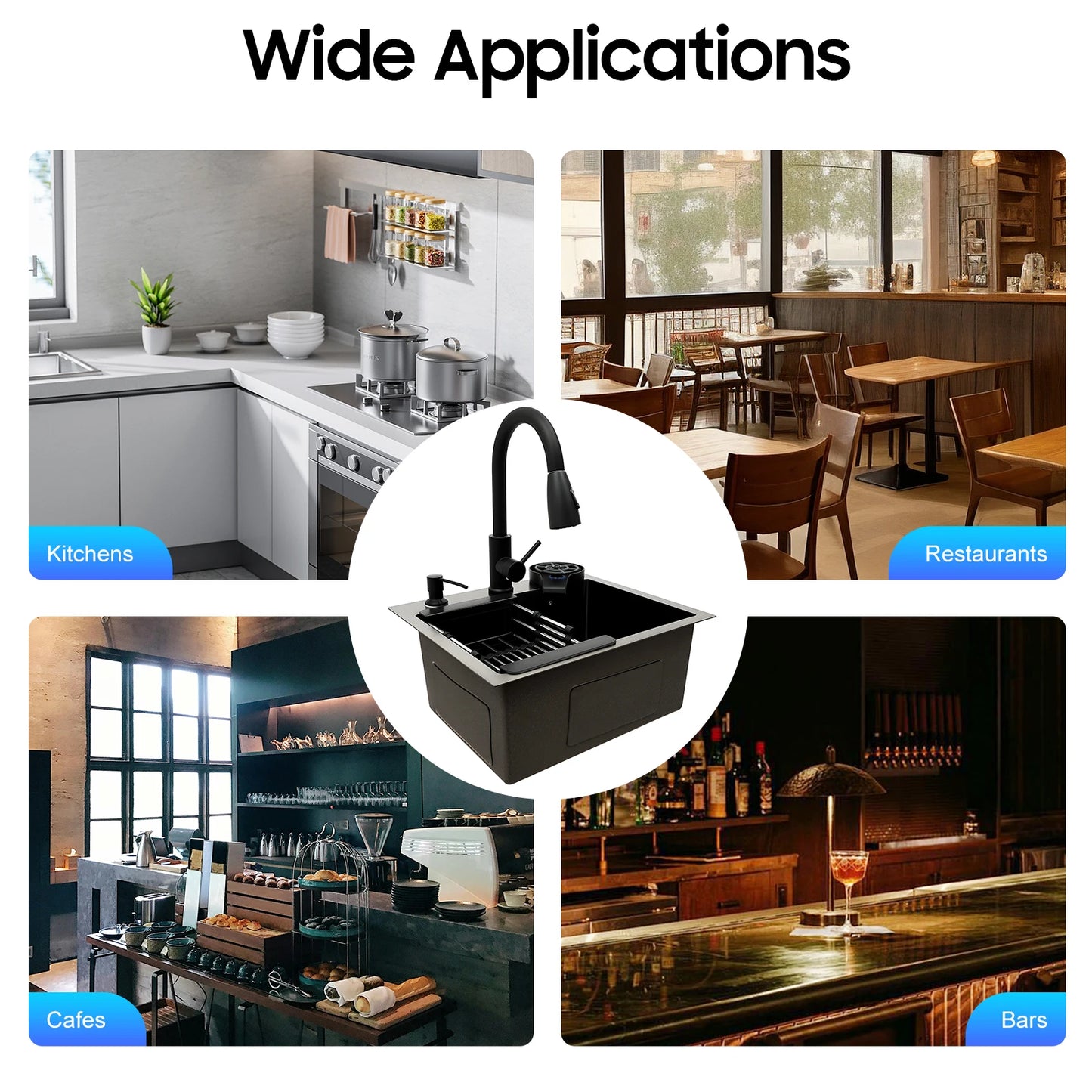 Modernes Küchenspüle, Schwarz, mit ausziehbarem Wasserhahn, Tassenspüler, Abflusskorb, Seifenspender, 201 Edelstahl, multifunktionales Spülbecken