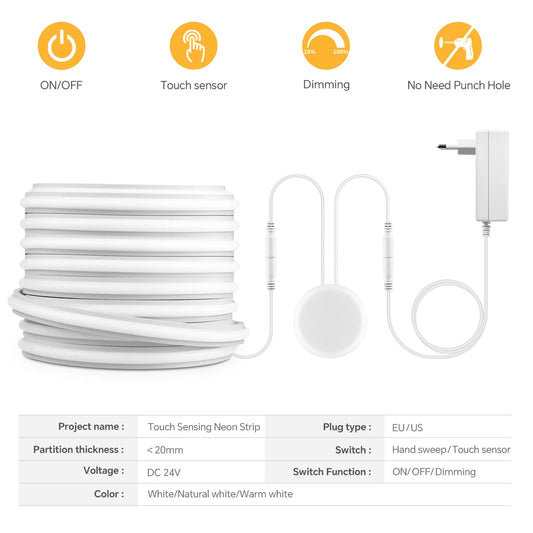 Neon Cob Self-adhesive LED Strip Touch Sensor Light AC110/220V TO DC 24V Silicone Tube Dimmable Neon Tape for Under Cabinet Lamp.