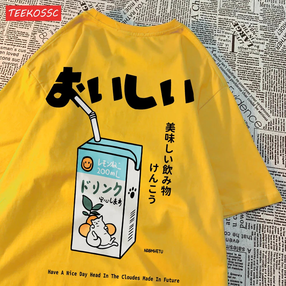 Cute Japanese Cat Print Oversized T-shirt Women Men Short Sleeve Loose Casual Tee Shirt Streetwear Tops Cotton Harajuku Clothing