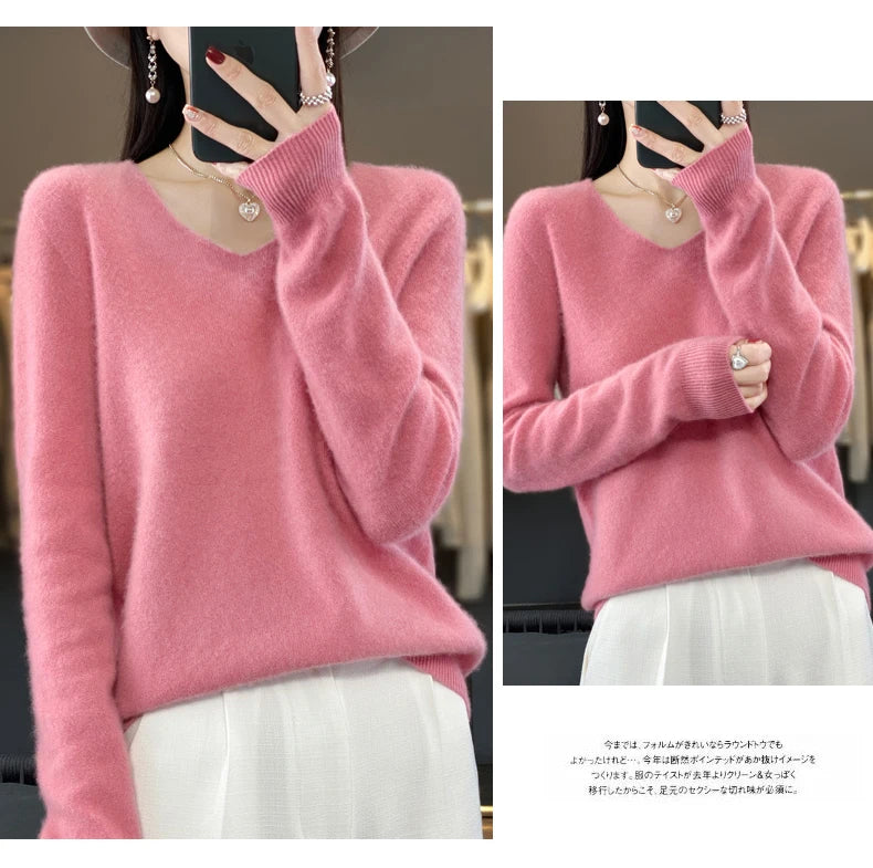 2024 100% Merino Reine Wolle V-ausschnitt Herbst Und Winter Pullover Pullover Neue Kaschmir Pullover frauen Beiläufige Gestrickte Top DMR201