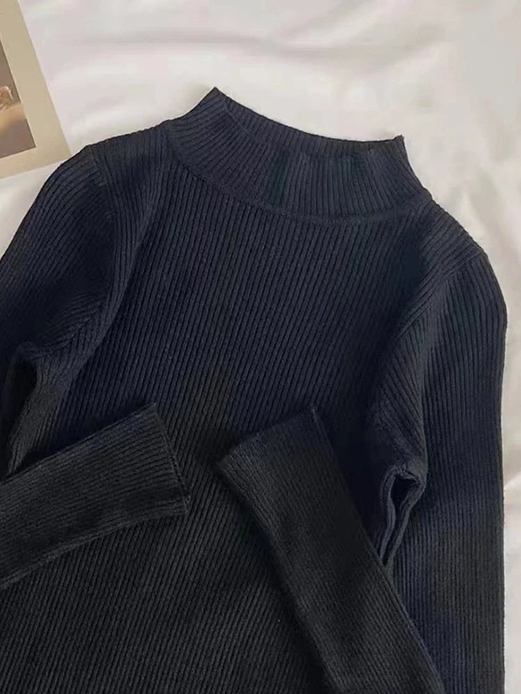 Weiche Rollkragen Frauen Herbst Winter Pullover Pullover Grundlegende Beiläufige Dünne Stretch Weiche Rippen Gestrickte Top Frau Pullover 2026