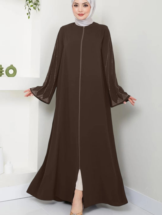 Muslim Fashion Women's Hot Diamond Long Sleeve Loose Coffee Style Elegant Dress.