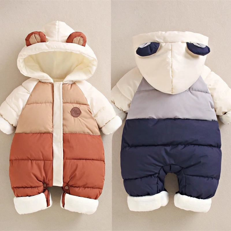 Winter Neue Baby Strampler Jungen Mädchen Patchwork Dicke Plus Samt Overalls Winddicht Mit Kapuze Overalls Schneeanzug Ein Stück Body
