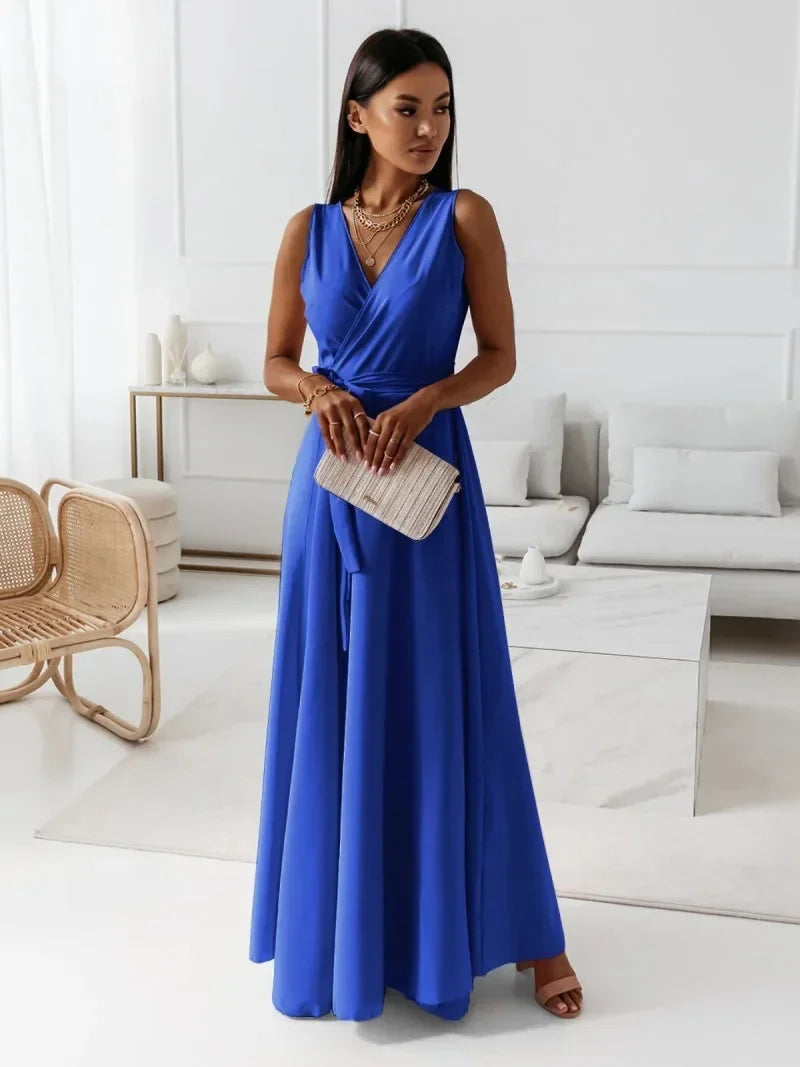 Frühling Sommer Neue Stil frauen Lange V-ausschnitt Kleid Reine Farbe Maxi Kleid Ärmelloses Empire-Taille Kleid für Damen Modische
