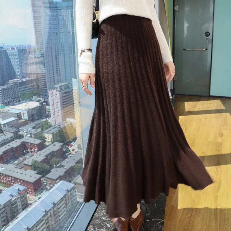 mink cashmere skirt Fashion long dress women A-line skirt autumn winter loose pleated skirt elegant high-waisted skirt ladies