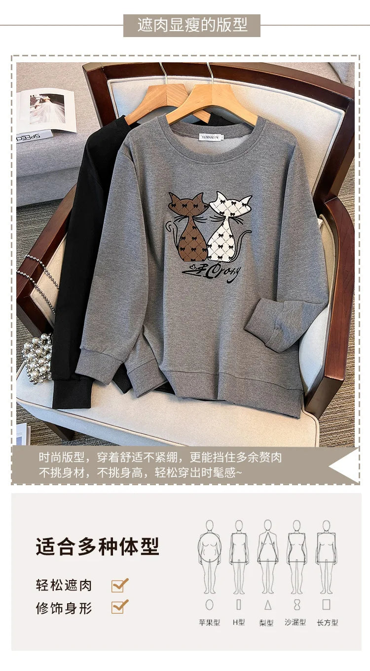 175 kg Plus Size Damen Büste 170 Herbst Cartoon Langarm Sweatshirt Schwarz Grau 5XL 6XL 7XL 8XL 9XL