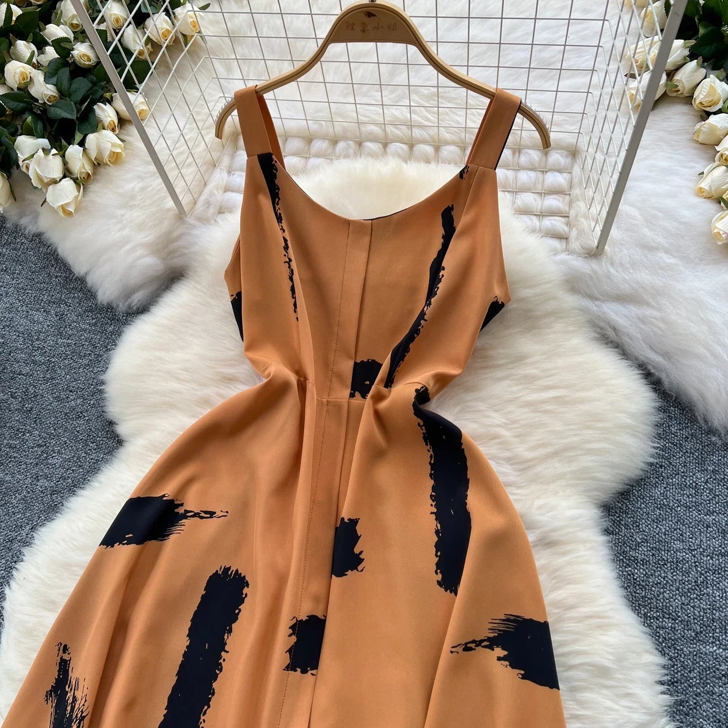 Neue Sommer Druck Süße Kleid Träger O Neck Backless Split Elegante Damen Urlaub Strand Party Midi Sommerkleid