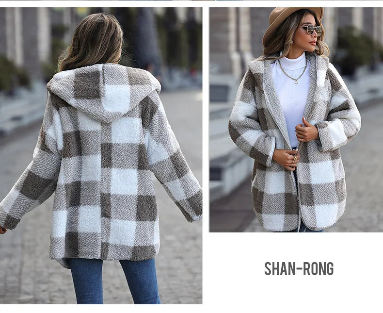 2025 herbst Winter Frauen Plüsch Mit Kapuze Jacke Weibliche Elegante Dicke Lose Plaid Print Mantel Damen Casual Zwei-seitige warme Lange Mantel