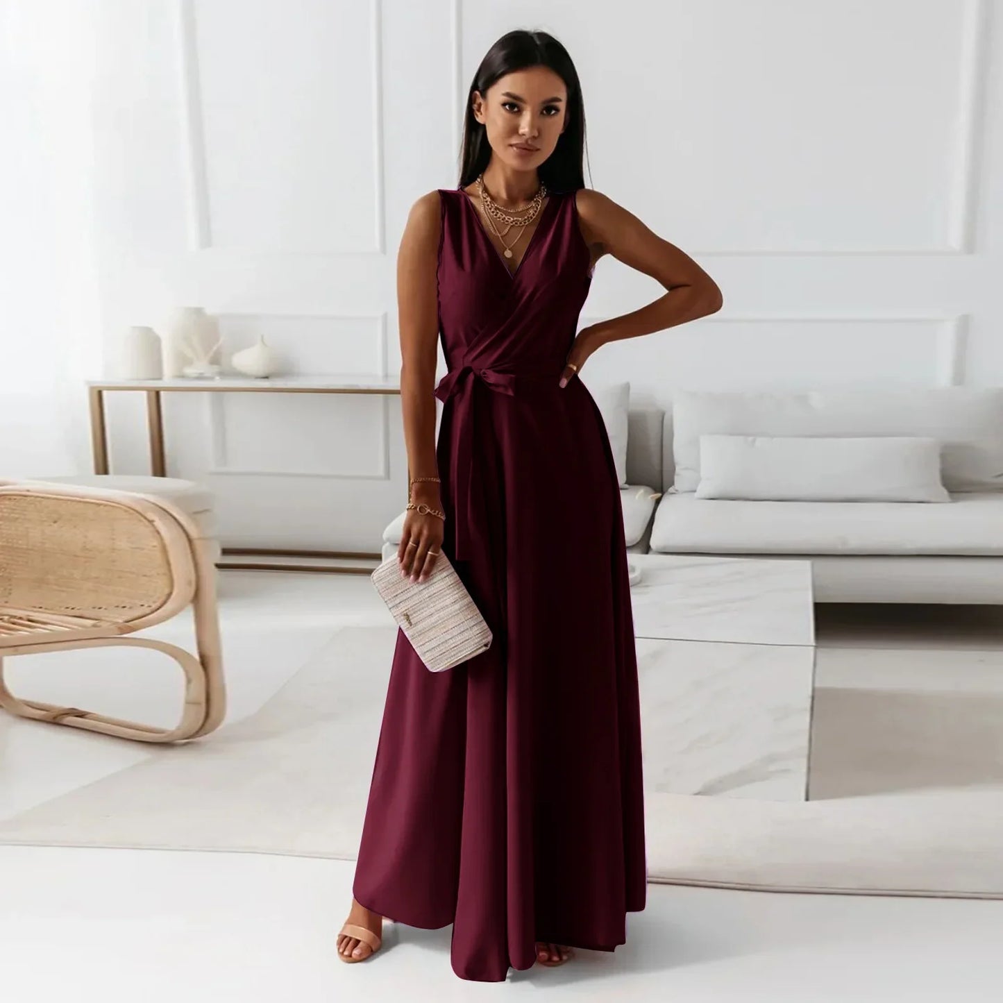 Frühling Sommer Neue Stil frauen Lange V-ausschnitt Kleid Reine Farbe Maxi Kleid Ärmelloses Empire-Taille Kleid für Damen Modische