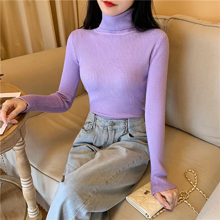 2023 herbst Winter Frauen Langarm Gestrickte Foldover Rollkragen Rippen Pull Pullover Weiche Warme Femme Jumper Pullover Kleidung