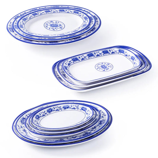 Melamine Chinese Style Blue and White Porcelain Tableware Creative Oval Dinner Plate.