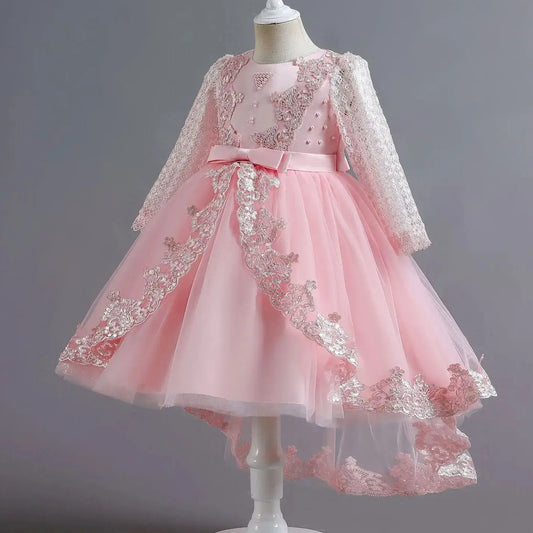Party-Tüll-Kleider für Mädchen, langärmelig, Spitze, Perlen, nachgestelltes Prinzessinnenkleid für Kinder, Hochzeit, Geburtstag, Performance, Abendkleid.