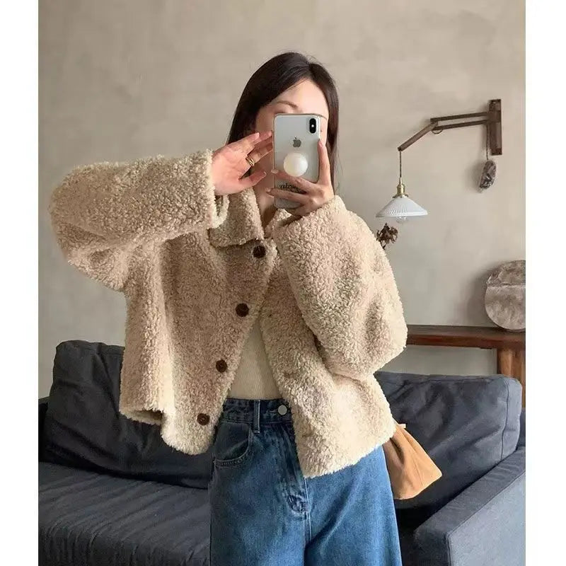 Frauen Herbst Winter Doppel Fleece Warme Verdicken Jacke drehen-unten Einreiher Kurze Oberbekleidung Lose Mode Lässig Mantel