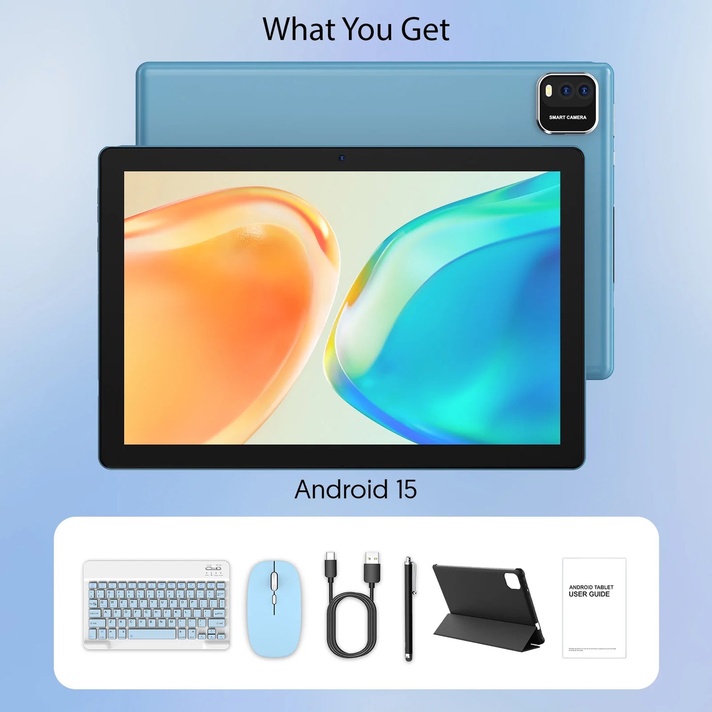 BAKEN Android 15 tablet, 10-inch, 12 (3+9)GB RAM + 64GB ROM, quad-core, 6000mAh battery, includes a free protective case.