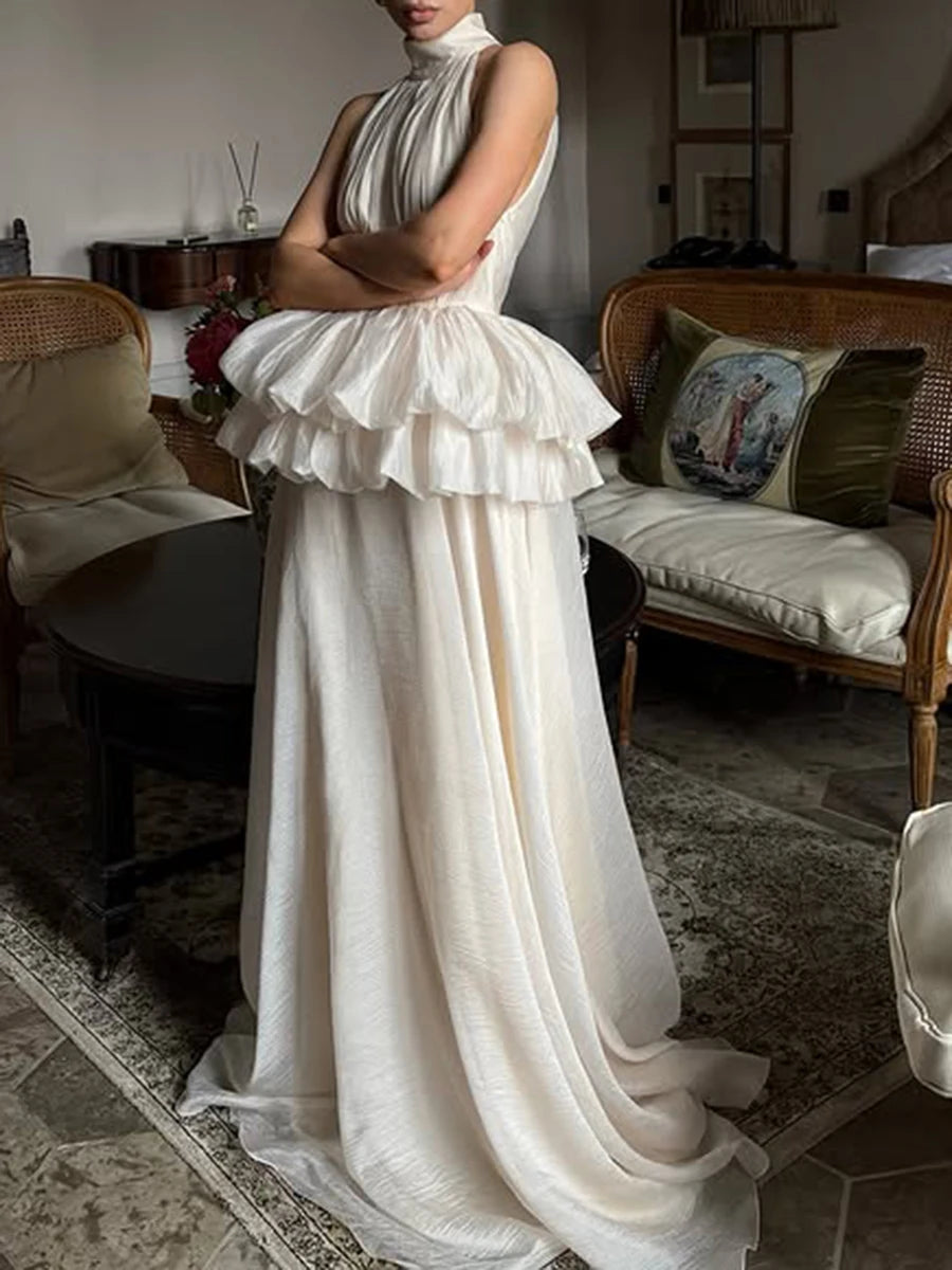 VGH Solide Abend Gespleißt Rüschen Maxi Kleider für Frauen High Neck Ärmellose Tunika Temperament Zeremonie Kleid Weibliche Kleidung