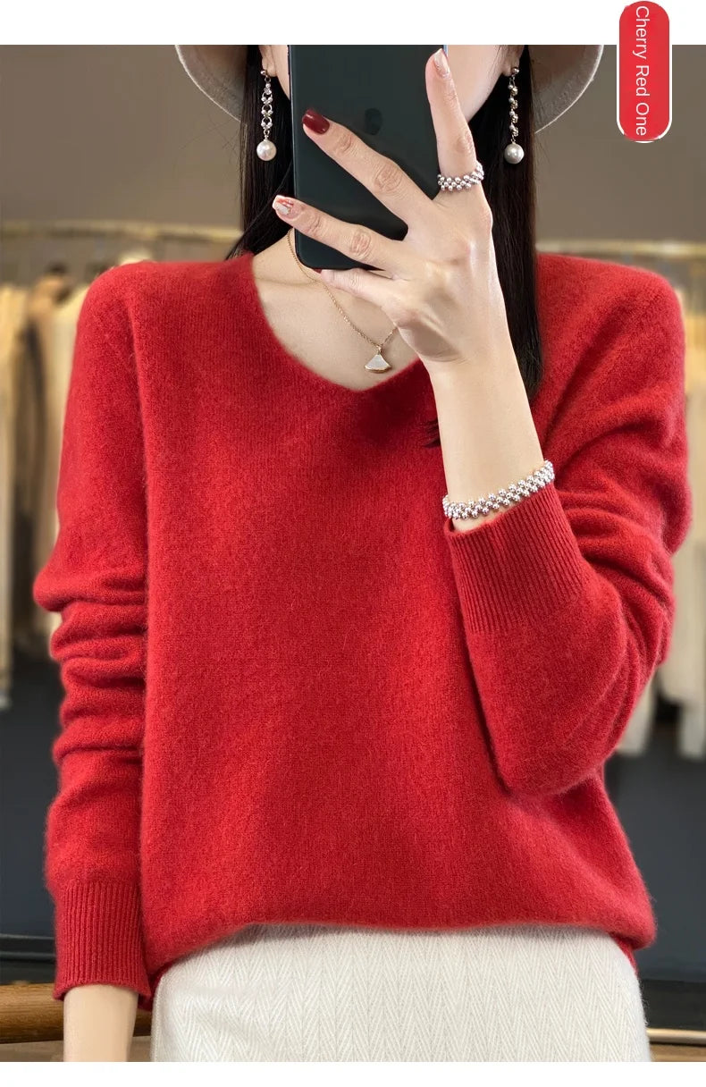 2024 100% Merino Reine Wolle V-ausschnitt Herbst Und Winter Pullover Pullover Neue Kaschmir Pullover frauen Beiläufige Gestrickte Top DMR201