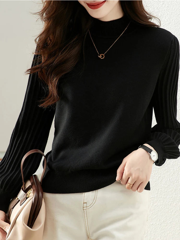 Women Half High Collar Base Sweater Autumn And Winter Casual Solid Knitted Tops Pit Stripe Long Sleeved Pullover Sweaters.
