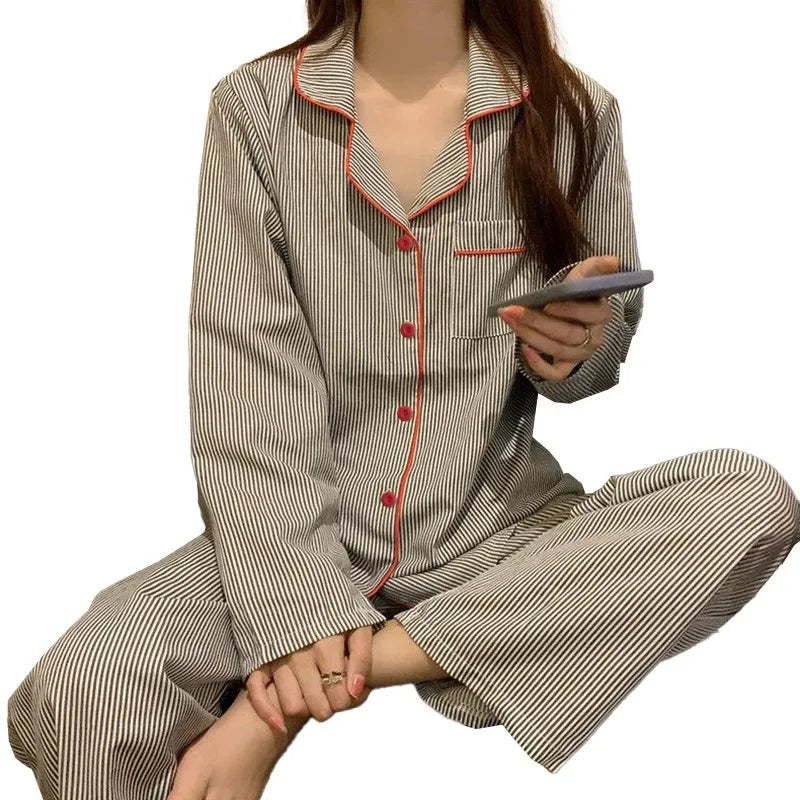 2 Teile/satz frauen Langarm Lose Atmungs Student Nachtwäsche Loungewear Strickjacke Grau Gestreiften Mädchen Mode Pyjamas Homewear
