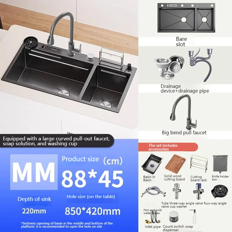 Waterfall Kitchen Sink Stainless Steel Multifunctional Undermount Washbasin Double Slot Dishwashing Sinks