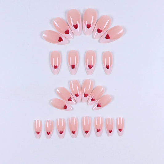 24pcs long Almond hearts pattern Fake nails Detachable And Reusable Jelly Glue 1pc Cuticle Pusher, Suitable For Girls And Women.