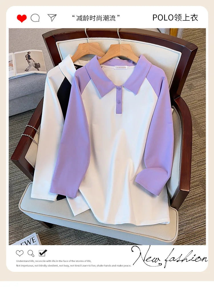170kg plus size Damen büste Frühling Herbst loser Polo kragen kontrastieren des Sweatshirt schwarz lila 4xl 5xl 6xl 7xl 8xl 9xl