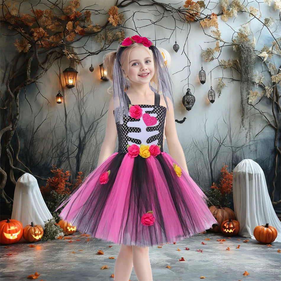 Halloween Kinder Kleid Cosplay Herz druck Skelett Kostüme Mädchen Blumen Schädel Tutu Kleidung Kinder Karneval Leistung Outfits