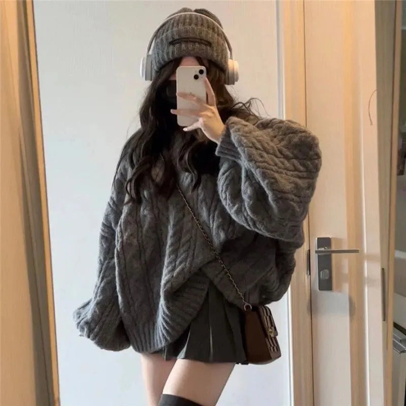 Herbst Winter Frauen Pullover Harajuku Übergroßen Gestrickte Pullover Koreanische Langarm V-ausschnitt Strickwaren Preppy Solide Lose Jumper