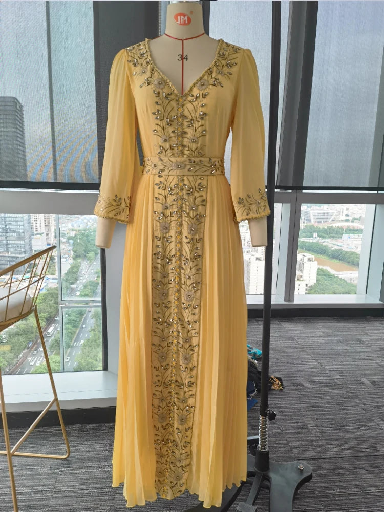 Evening Party Dress Women Eid Morocco Muslim Abaya for Women Diamond Islamic Embroidery Dresses Belt Kaftan Vestidos Maxi Abayas.