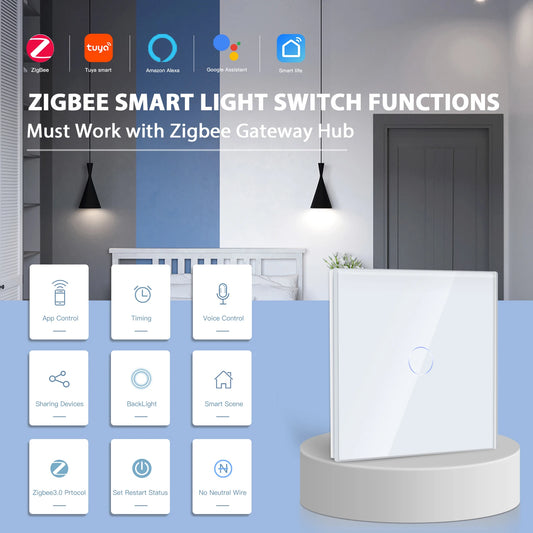 BSEED Zigbee 1/2/3Gang Touch Schalter Smart Wand Licht Schalter Tuya Google Smart Leben Alexa App Steuerung glas Panel Keine Neutral.