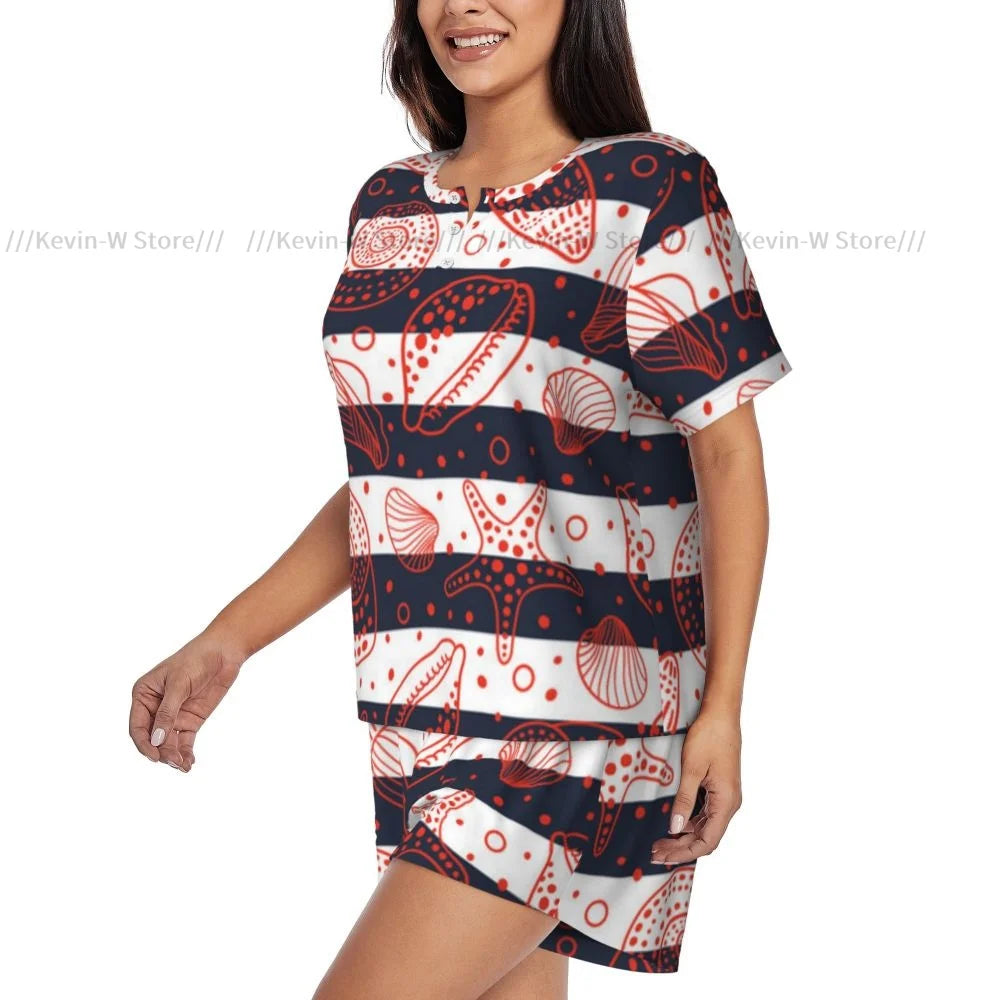Damen-Pyjama-Set, kurzärmelig, nautisch, niedlich, gestreift, Marine-Muscheln und Fossilien, Nachtwäsche, Loungewear für Sommer-Nachtwäsche