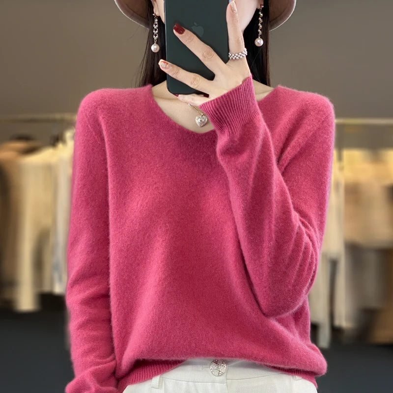 2024 100% Merino Reine Wolle V-ausschnitt Herbst Und Winter Pullover Pullover Neue Kaschmir Pullover frauen Beiläufige Gestrickte Top DMR201