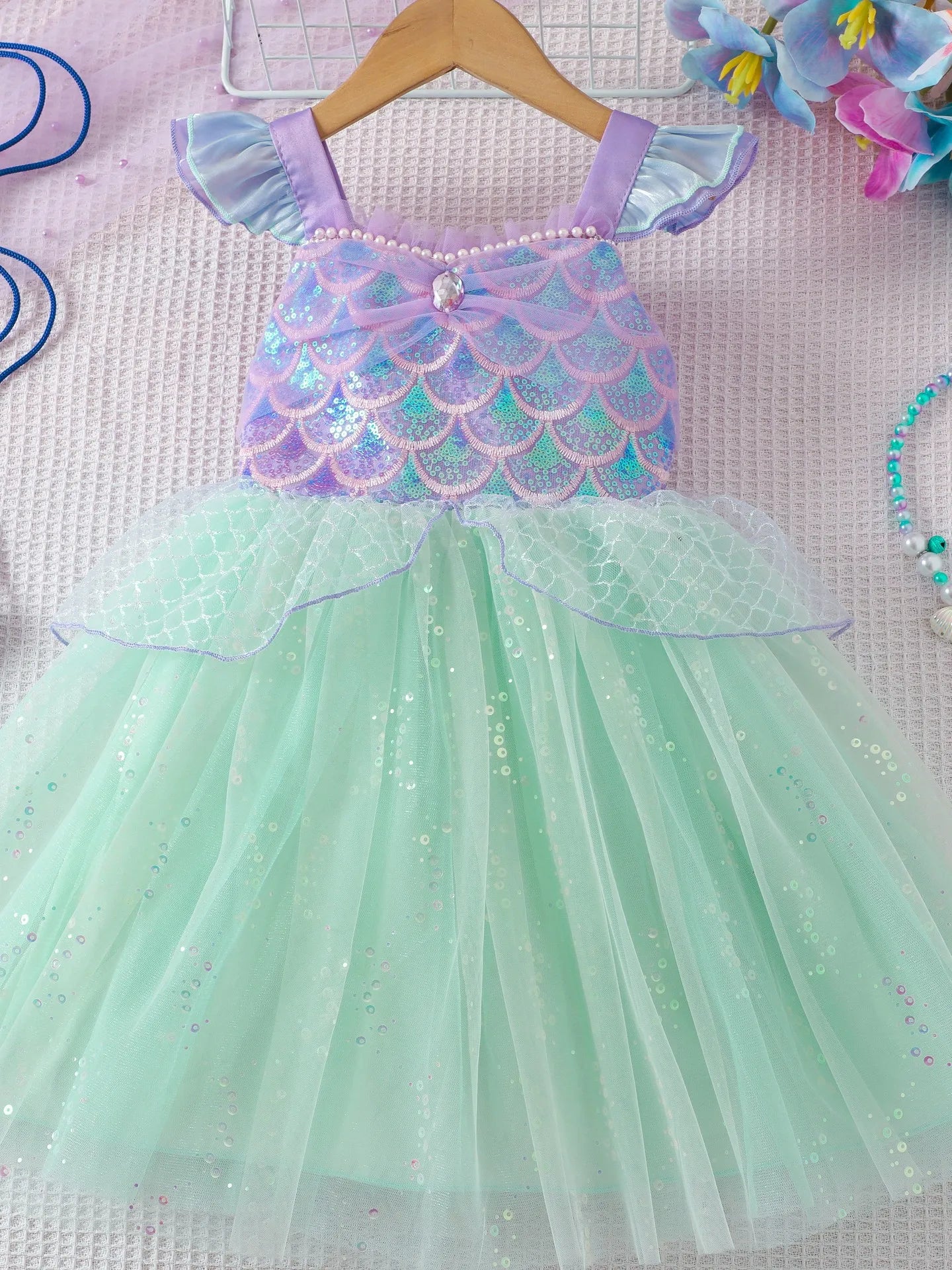 Mädchen Prinzessin Kleider Meerjungfrau Motto Party Sling Mesh Rock Pailletten Leistung Kostüm Geburtstag Kinder Kleidung Perle Säuglings Kleid