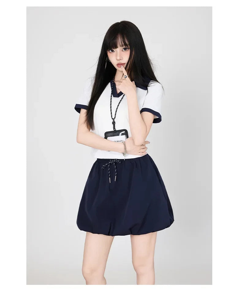 Korean College Style Half-length Shorts Floral Pants White Short-sleeved Set 2025 Versatile New Model Cotton V-neck T-shirt.
